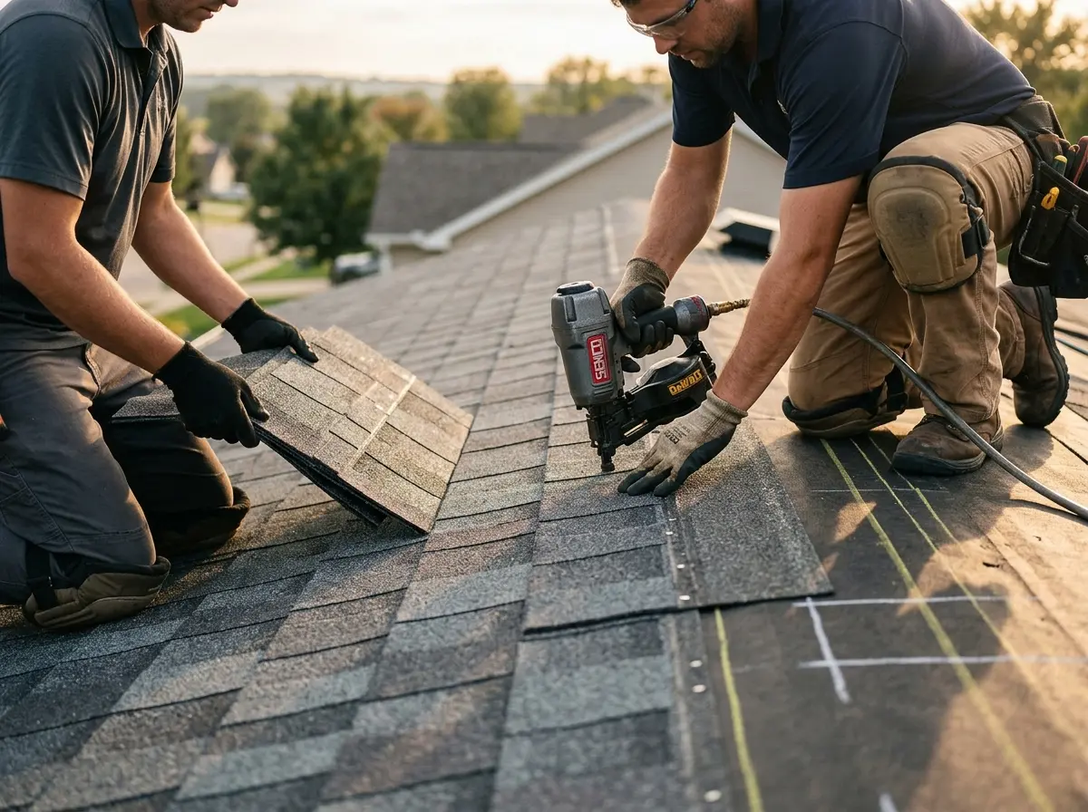 Professional roofer working on a residential roof in Republic